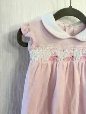 Pink Smocked bubble romper with Peter Pan Collar and embroidered bunnies
